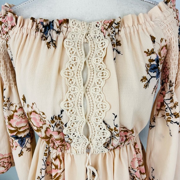 Off Shoulder Cream Floral Smocked Short Romper - Picture 8 of 8